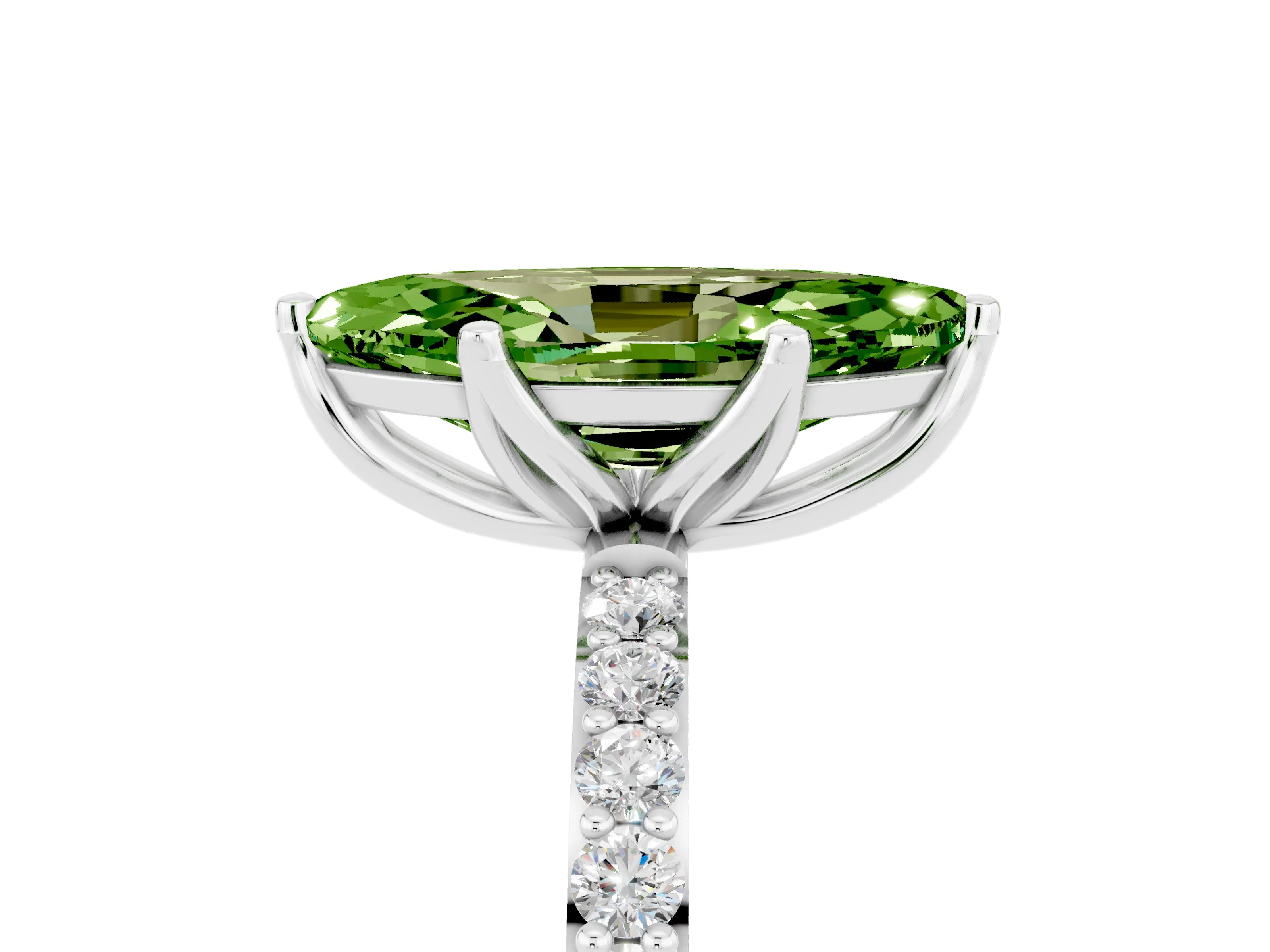 White gold Marquise Cut Peridot Solitaire Engagement Ring with Pavé Band and Prong Setting_5