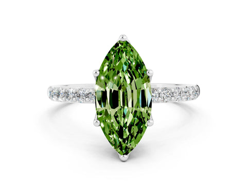 White gold Marquise Cut Peridot Solitaire Engagement Ring with Pavé Band and Prong Setting