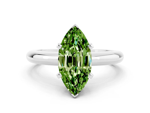 Silver Marquise Cut Peridot Solitaire Engagement Ring with Round Band and Four-Prong Setting