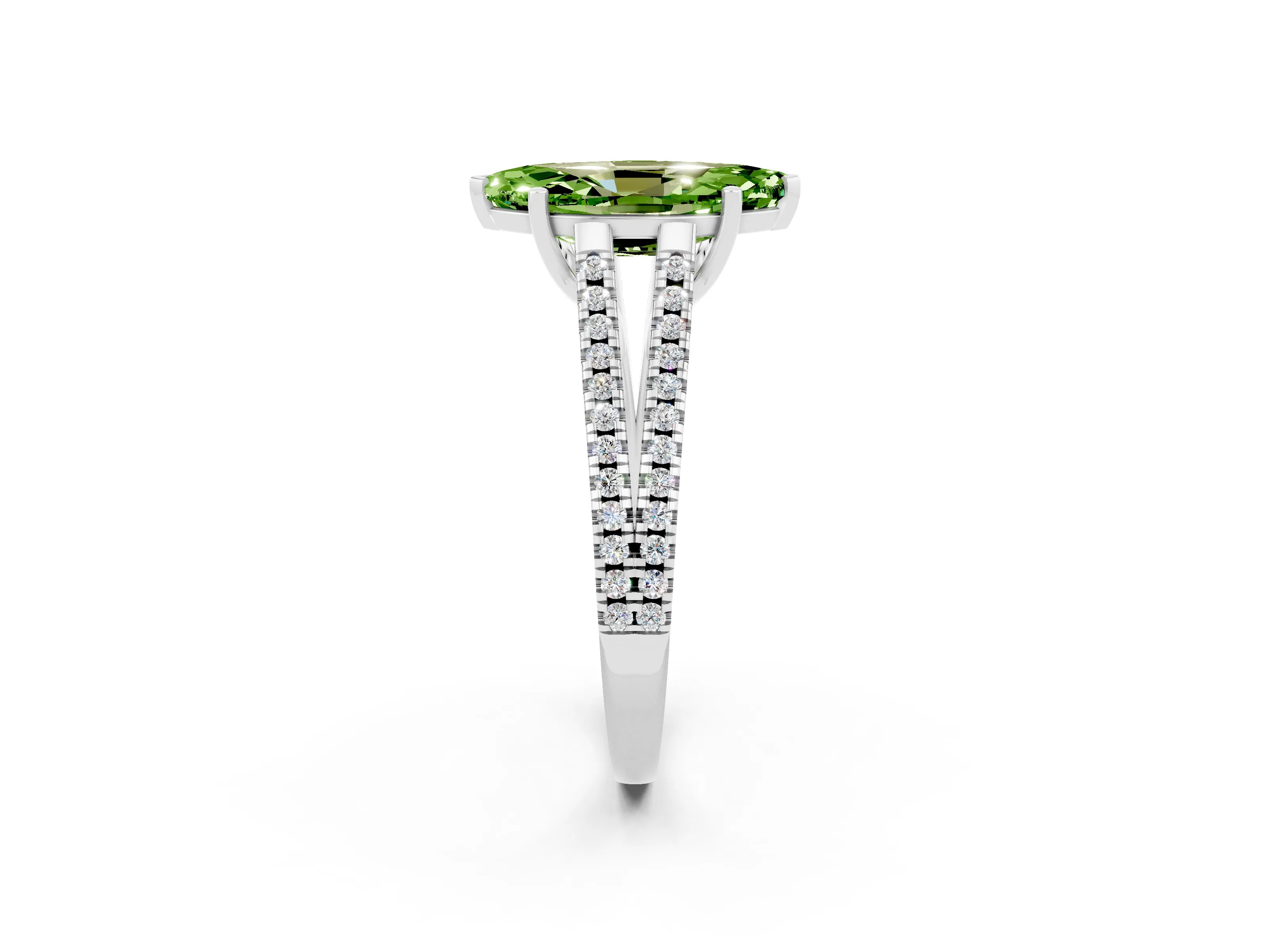 White gold Marquise Cut Peridot Solitaire Engagement Ring with Split Shank Pavé Band_2