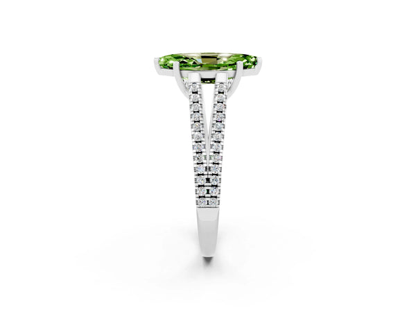 Silver Marquise Cut Peridot Solitaire Engagement Ring with Split Shank Pavé Band