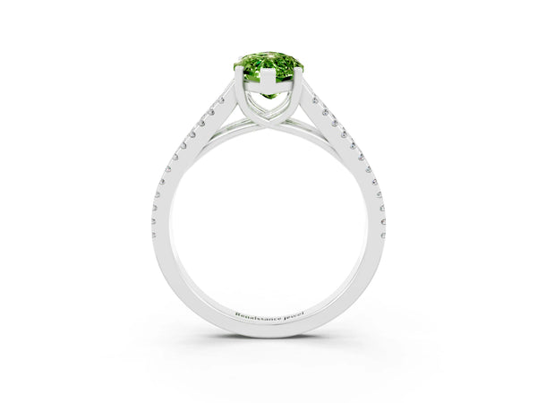 Platinum Marquise Cut Peridot Solitaire Engagement Ring with Split Shank Pavé Band