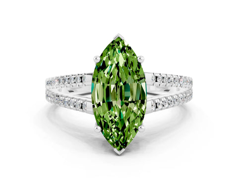 White gold Marquise Cut Peridot Solitaire Engagement Ring with Split Shank Pavé Band
