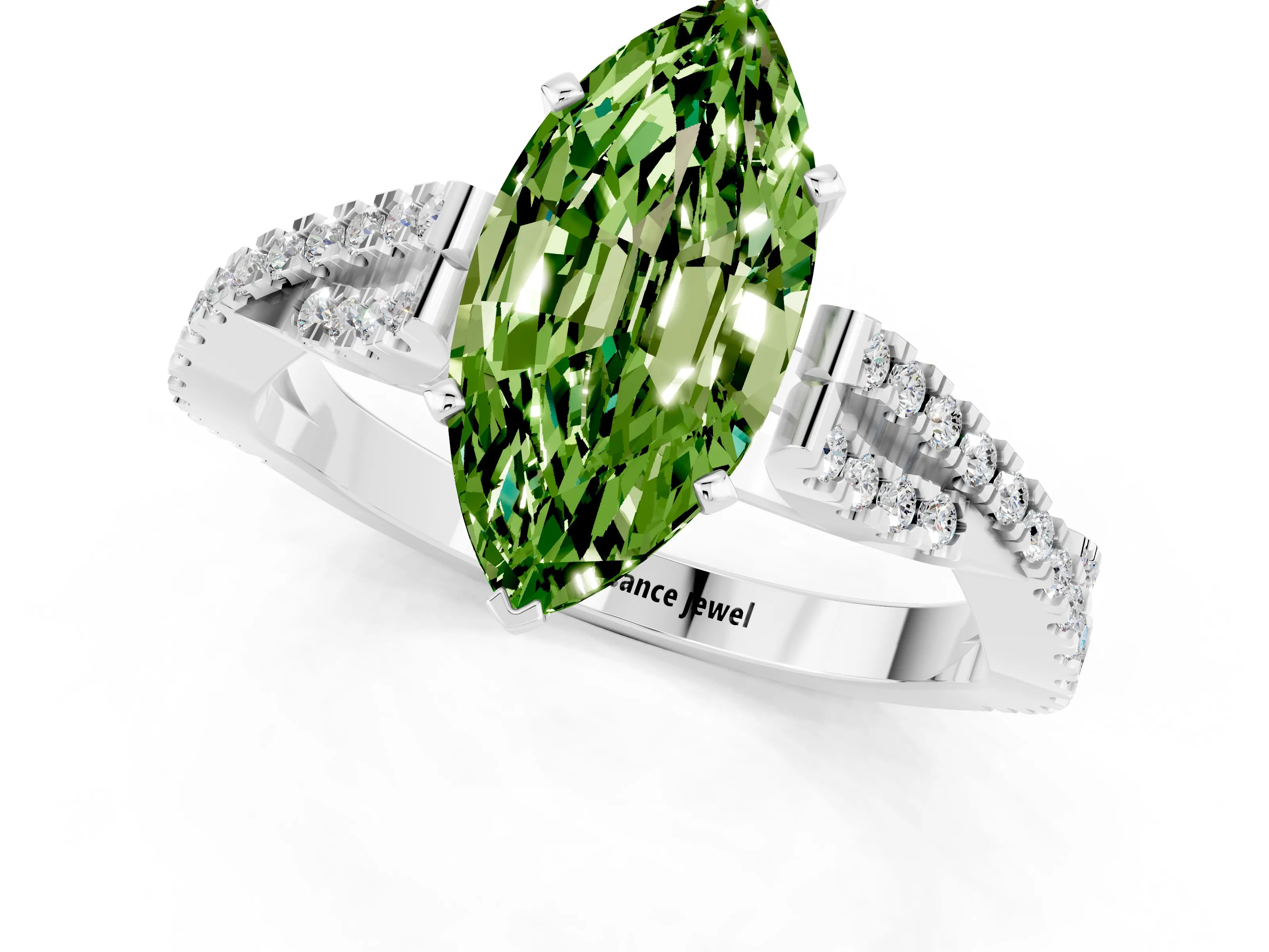 White gold Marquise Cut Peridot Solitaire Engagement Ring with Twisted Pavé Band and Four-Prong Setting_1