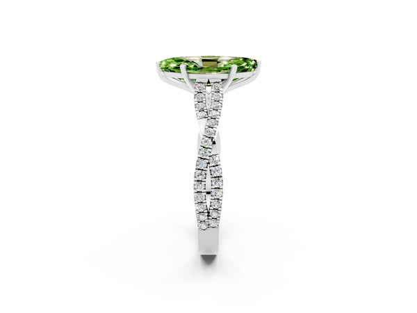 Platinum Marquise Cut Peridot Solitaire Engagement Ring with Twisted Pavé Band and Four-Prong Setting