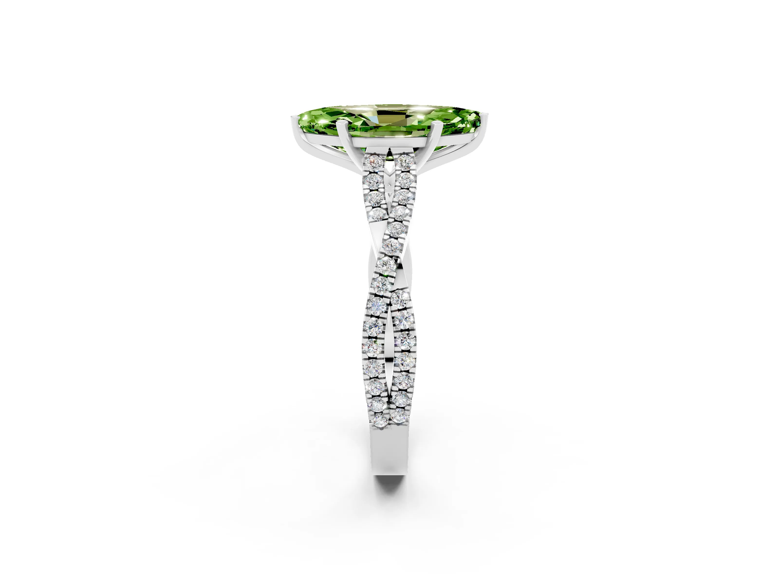 White gold Marquise Cut Peridot Solitaire Engagement Ring with Twisted Pavé Band and Four-Prong Setting_2