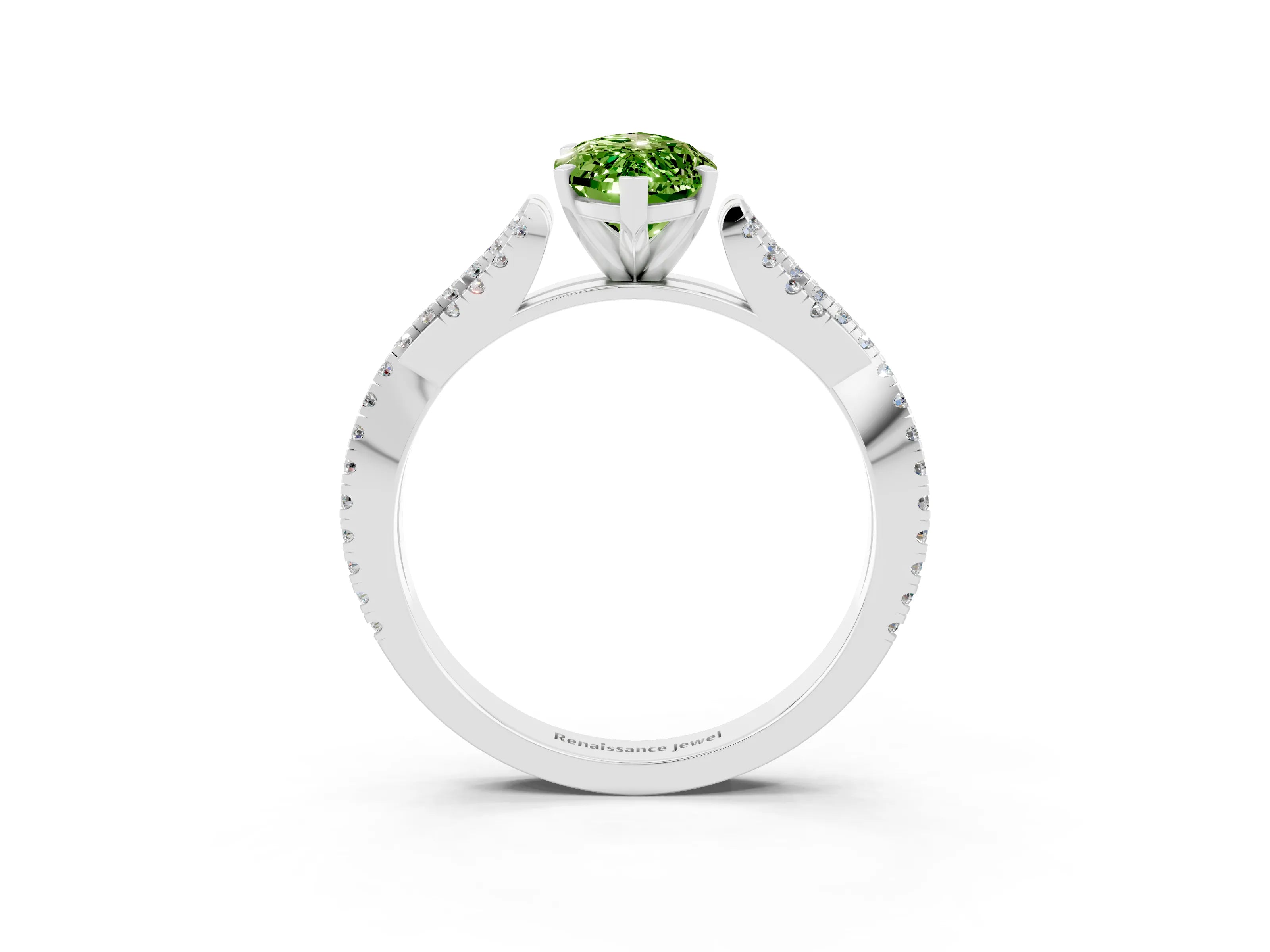 White gold Marquise Cut Peridot Solitaire Engagement Ring with Twisted Pavé Band and Four-Prong Setting_3