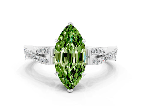 White gold Marquise Cut Peridot Solitaire Engagement Ring with Twisted Pavé Band and Four-Prong Setting