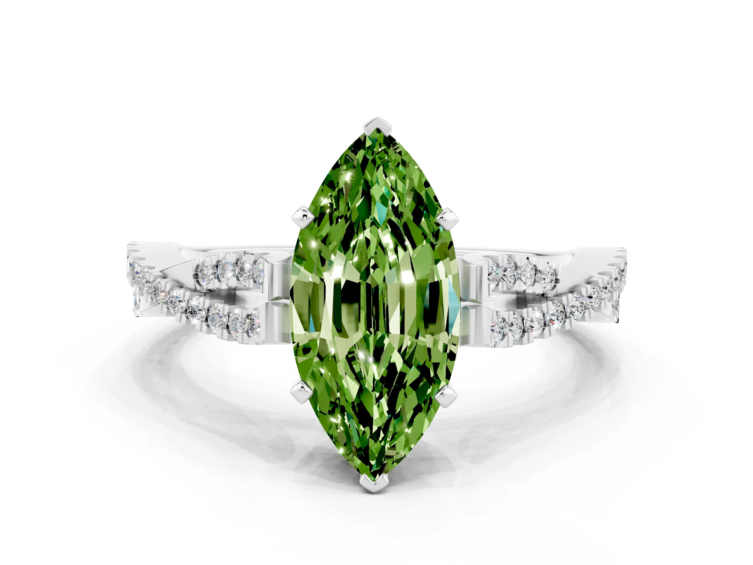 White gold Marquise Cut Peridot Solitaire Engagement Ring with Twisted Pavé Band and Four-Prong Setting