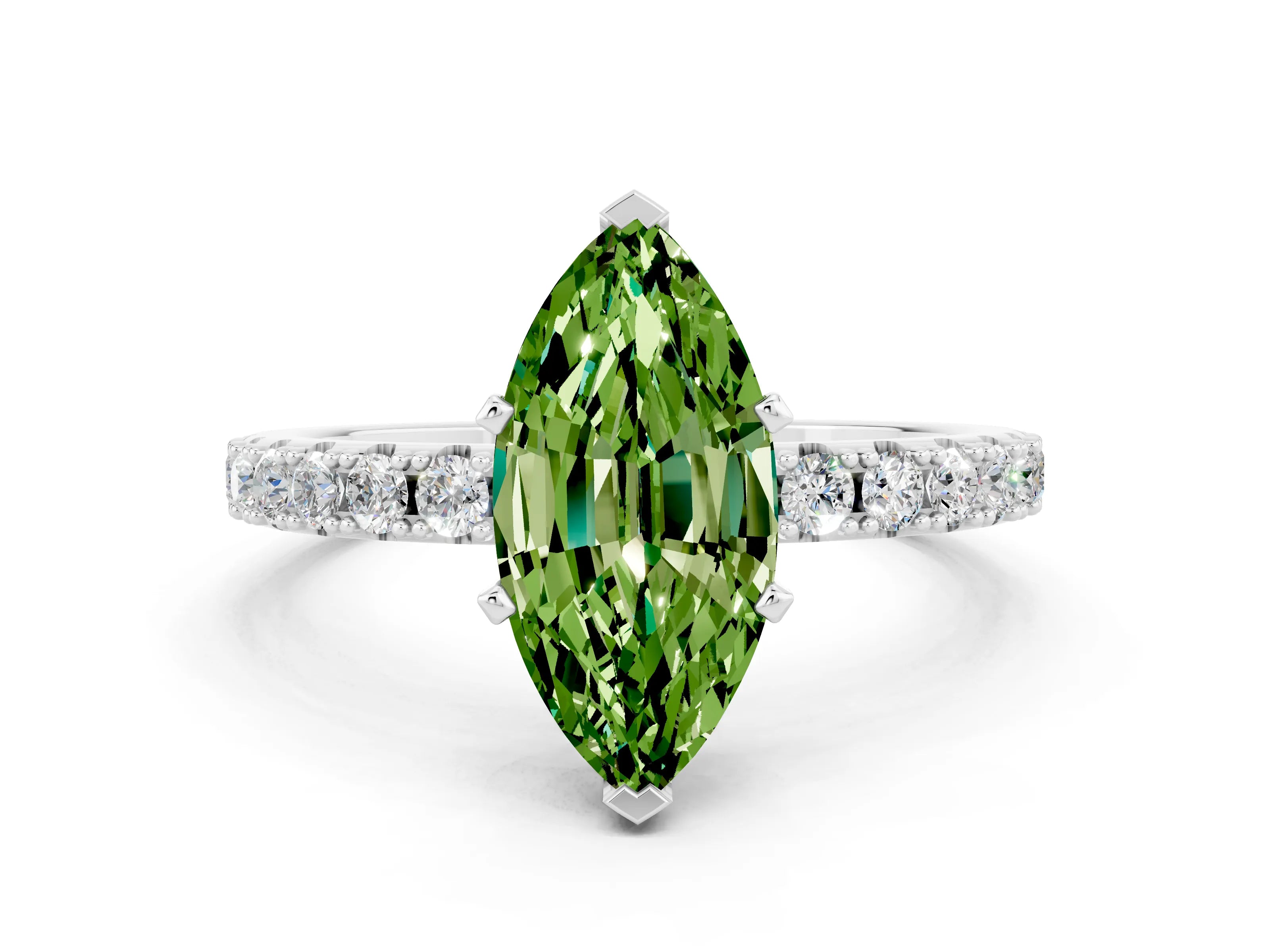White gold Marquise Cut Peridot Solitaire Pavé Band with Four-Prong Setting