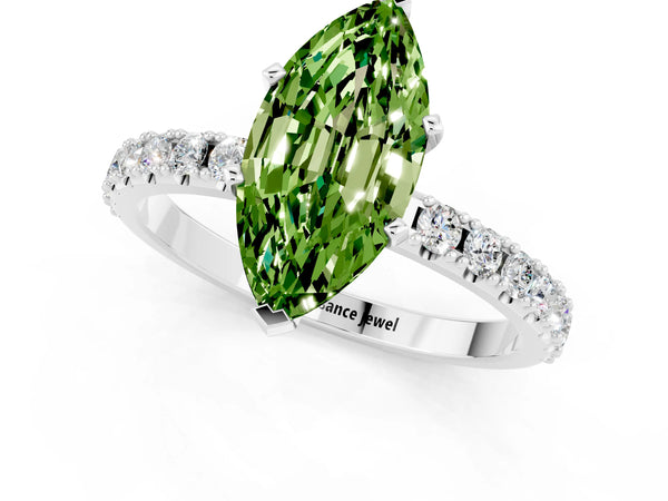 Platinum Marquise Cut Peridot Solitaire Pavé Band with Four-Prong Setting