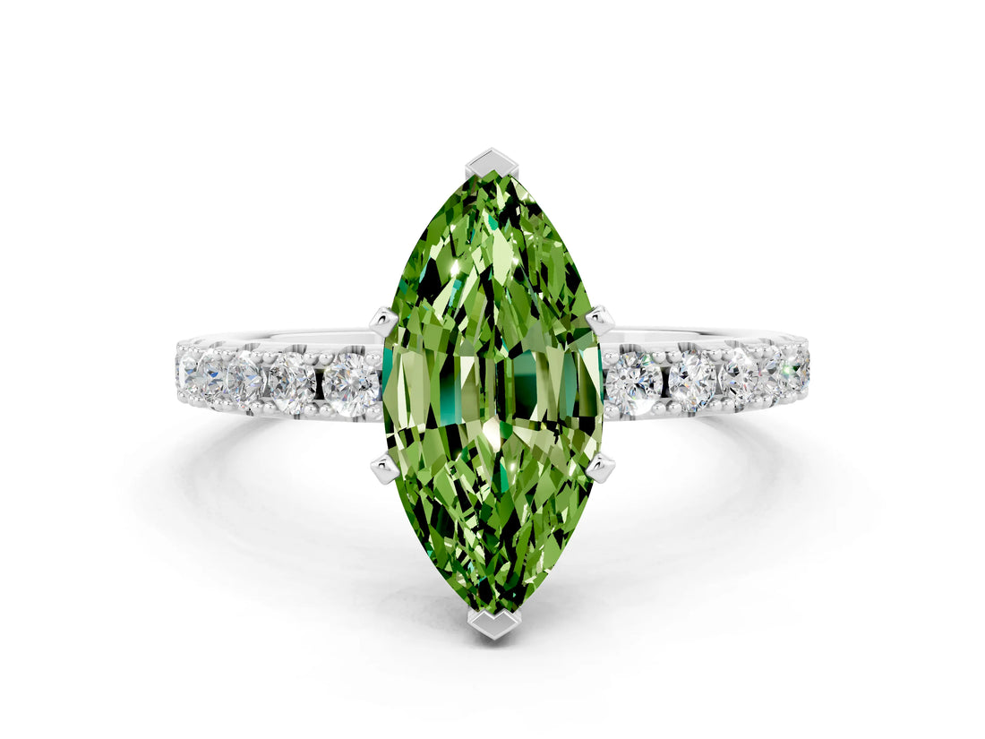 White gold Marquise Cut Peridot Solitaire Pavé Band with Four-Prong Setting