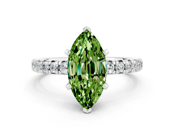 White gold Marquise Cut Peridot Solitaire Pavé Engagement Ring with Round Band and Prong Setting