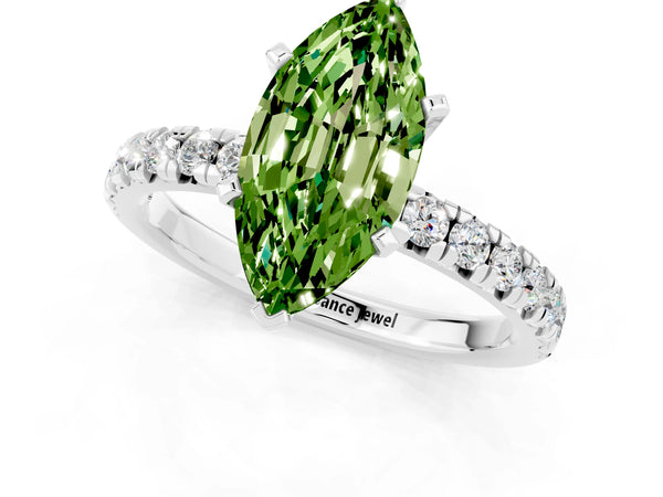 White gold Marquise Cut Peridot Solitaire Pavé Engagement Ring with Round Band and Prong Setting