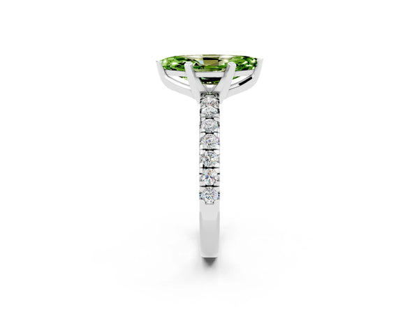 Platinum Marquise Cut Peridot Solitaire Pavé Engagement Ring with Round Band and Prong Setting