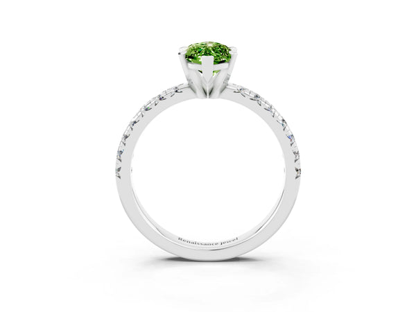 Silver Marquise Cut Peridot Solitaire Pavé Engagement Ring with Round Band and Prong Setting