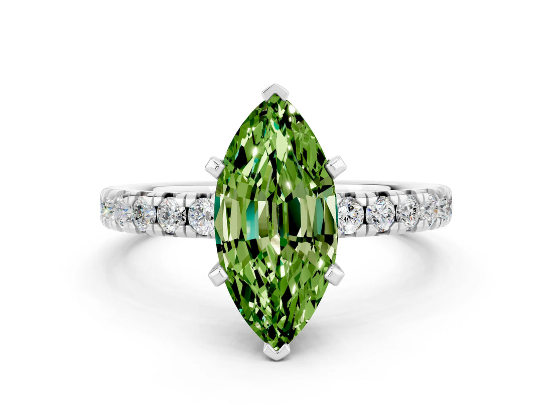 White gold Marquise Cut Peridot Solitaire Pavé Engagement Ring with Round Band and Prong Setting_78