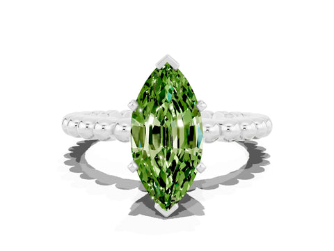 White gold Marquise Cut Peridot Solitaire Ring with Beaded Band and Prong Setting_12
