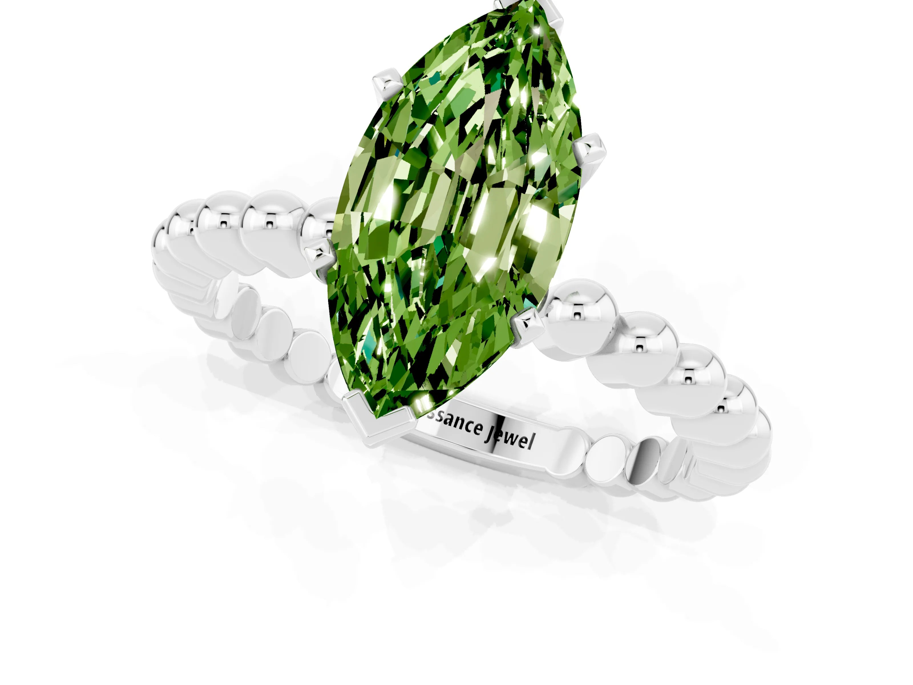 White gold Marquise Cut Peridot Solitaire Ring with Beaded Band and Prong Setting_13