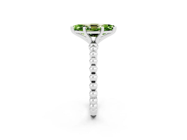 Platinum Marquise Cut Peridot Solitaire Ring with Beaded Band and Prong Setting