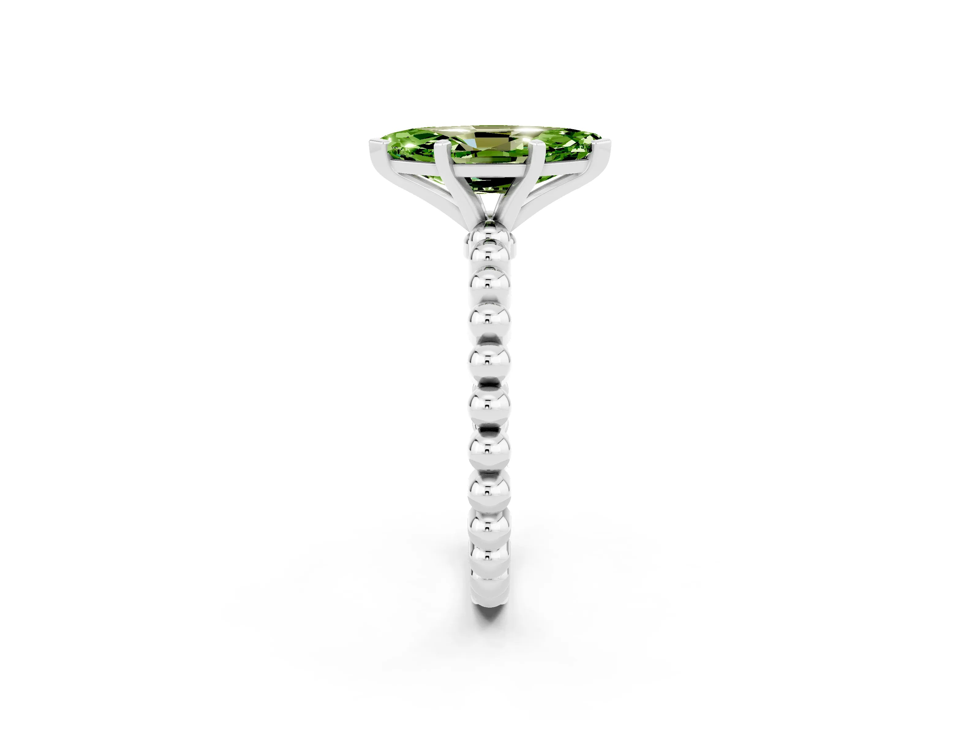 White gold Marquise Cut Peridot Solitaire Ring with Beaded Band and Prong Setting_14