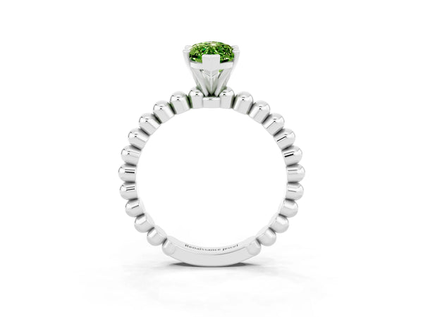 Platinum Marquise Cut Peridot Solitaire Ring with Beaded Band and Prong Setting