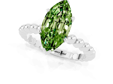 White gold Marquise Cut Peridot Solitaire Ring with Beaded Band and Prong Setting_25