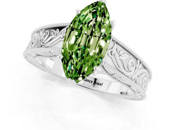 Platinum Marquise Cut Peridot Solitaire Ring with Engraved Band and Four-Prong Setting
