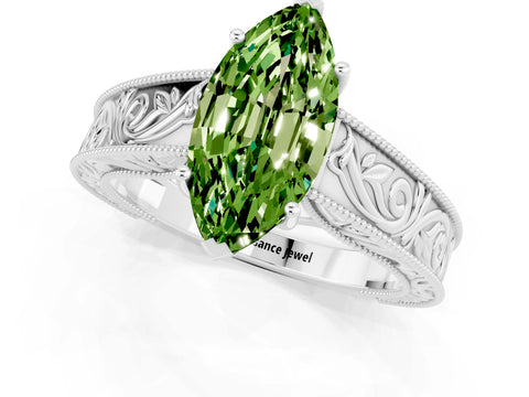 White gold Marquise Cut Peridot Solitaire Ring with Engraved Band and Four-Prong Setting_1