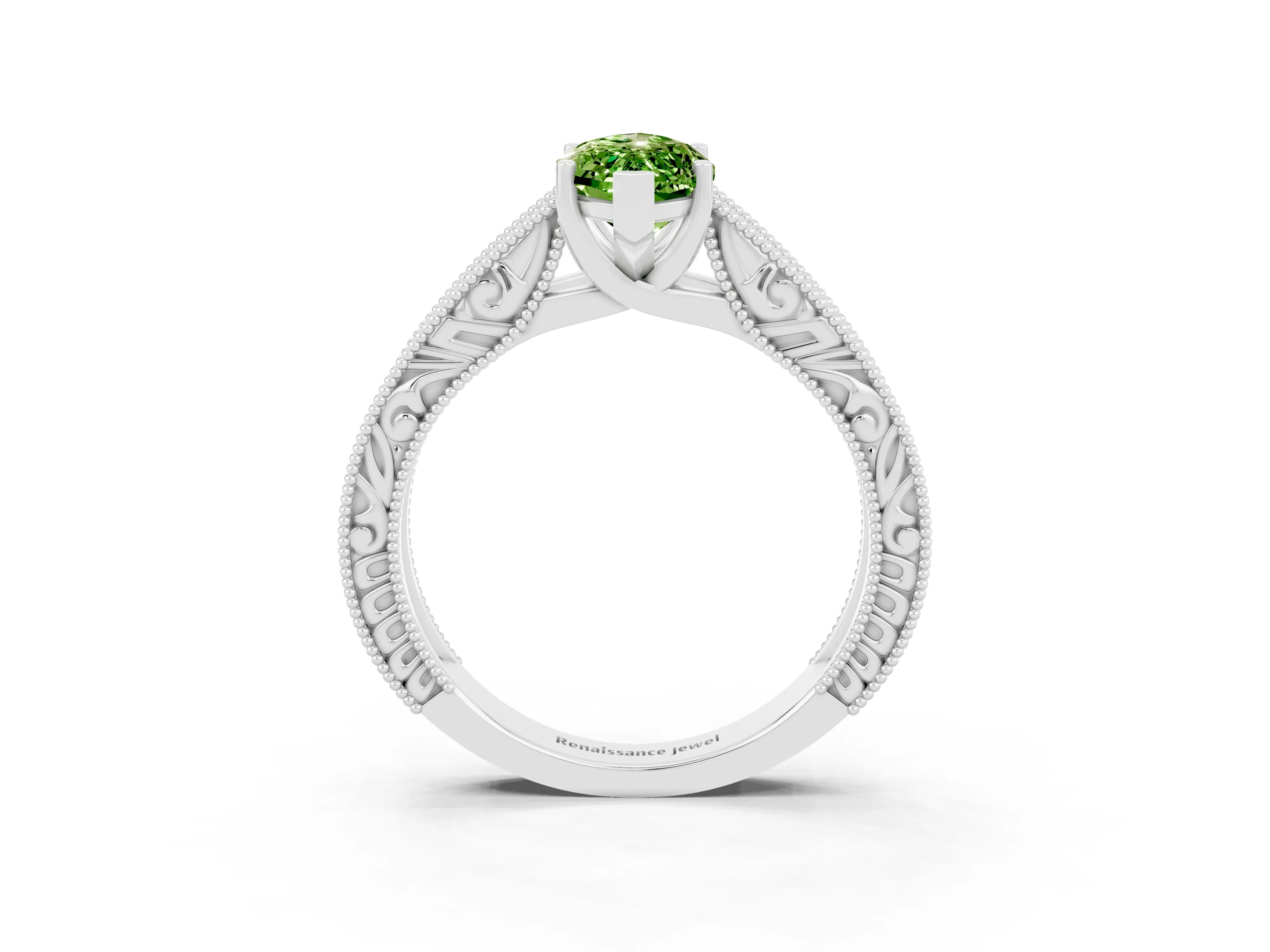 White gold Marquise Cut Peridot Solitaire Ring with Engraved Band and Four-Prong Setting_3