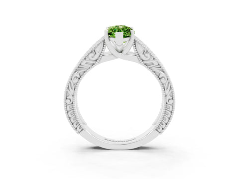White gold Marquise Cut Peridot Solitaire Ring with Engraved Band and Four-Prong Setting_3