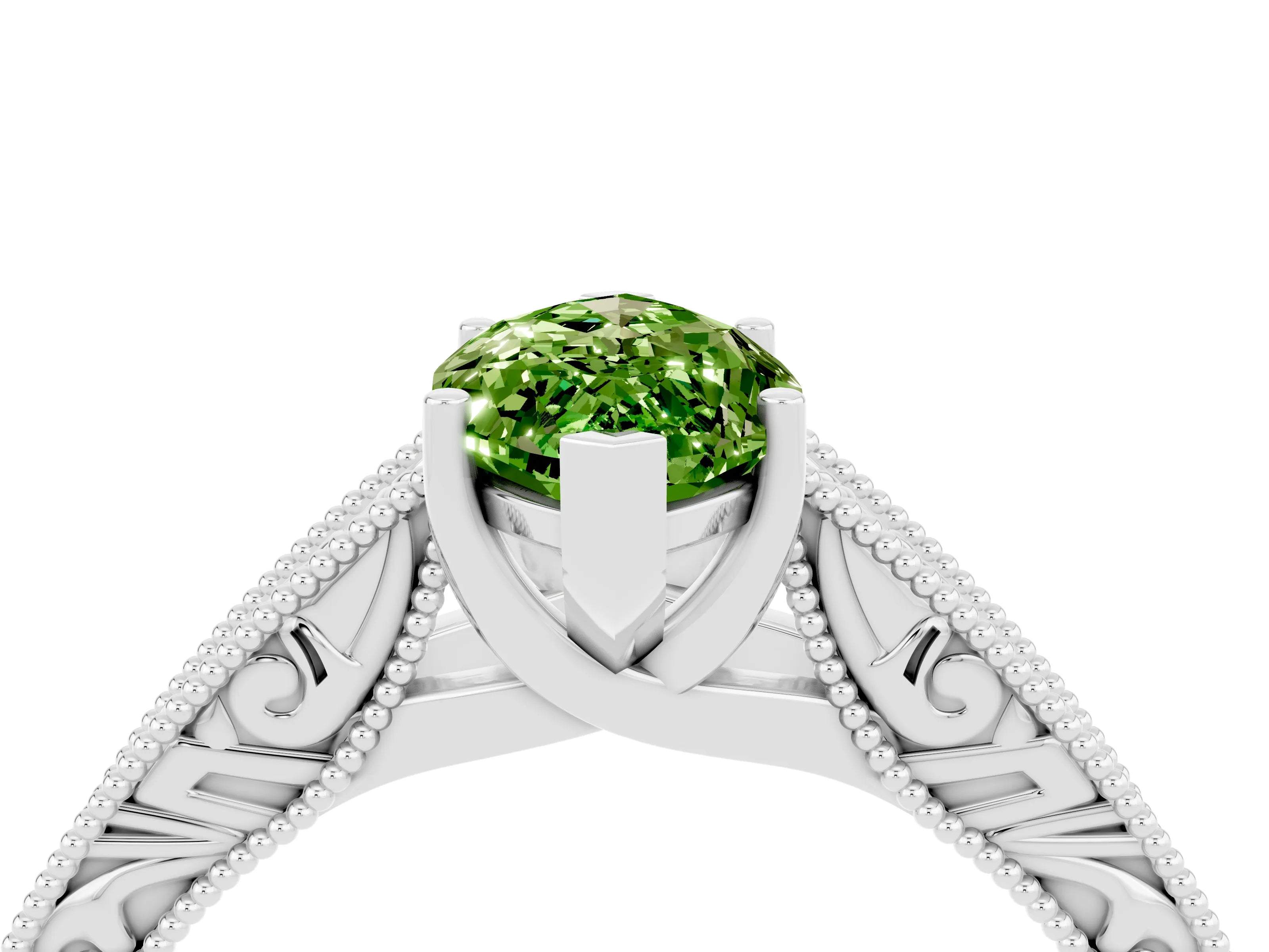 White gold Marquise Cut Peridot Solitaire Ring with Engraved Band and Four-Prong Setting_4