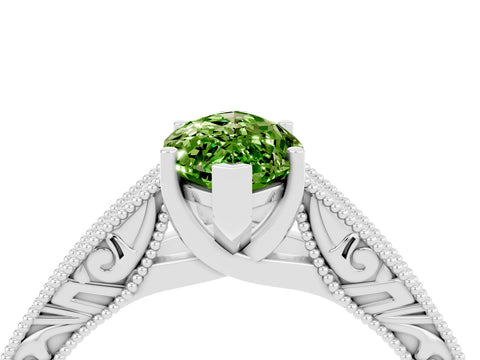 White gold Marquise Cut Peridot Solitaire Ring with Engraved Band and Four-Prong Setting_4