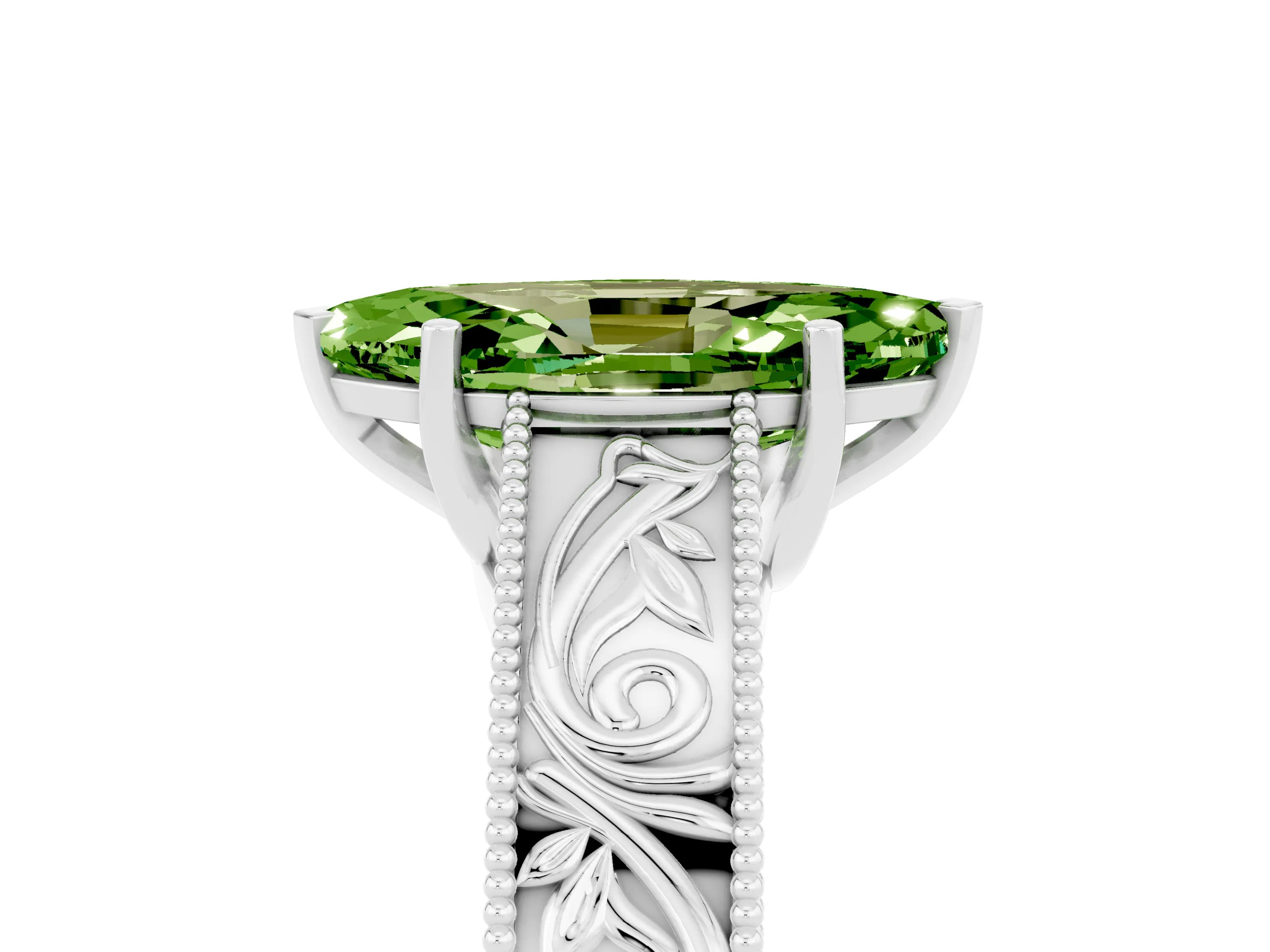White gold Marquise Cut Peridot Solitaire Ring with Engraved Band and Four-Prong Setting_5