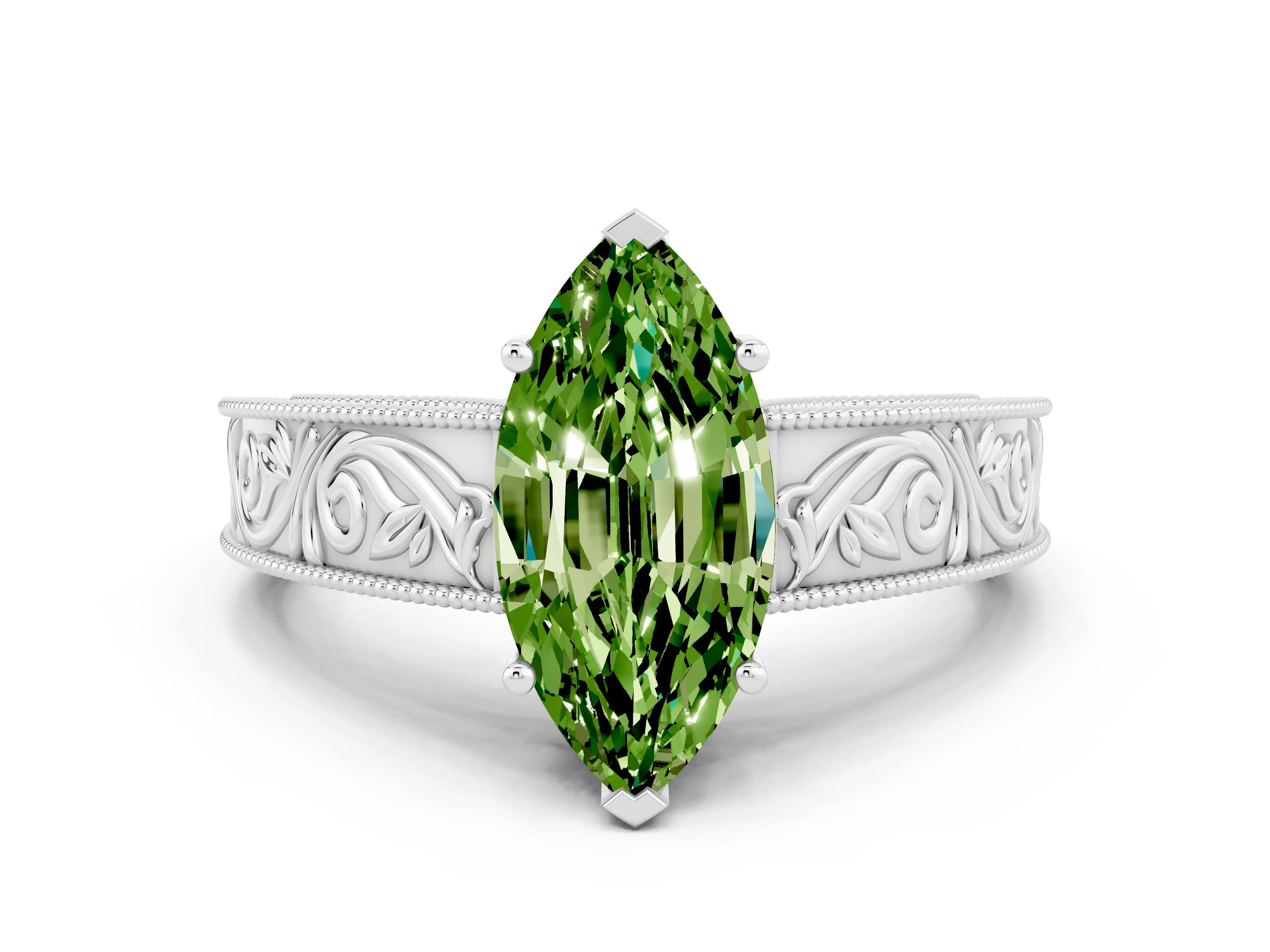 White gold Marquise Cut Peridot Solitaire Ring with Engraved Band and Four-Prong Setting