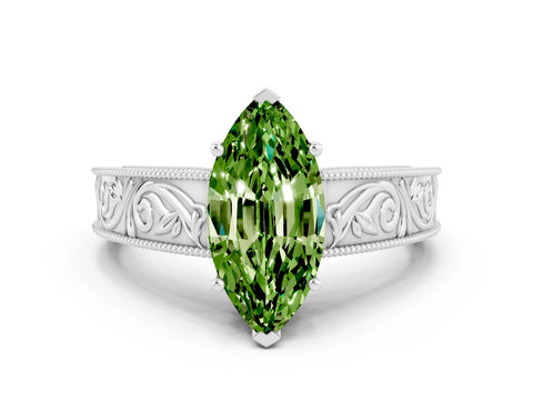 White gold Marquise Cut Peridot Solitaire Ring with Engraved Band and Four-Prong Setting