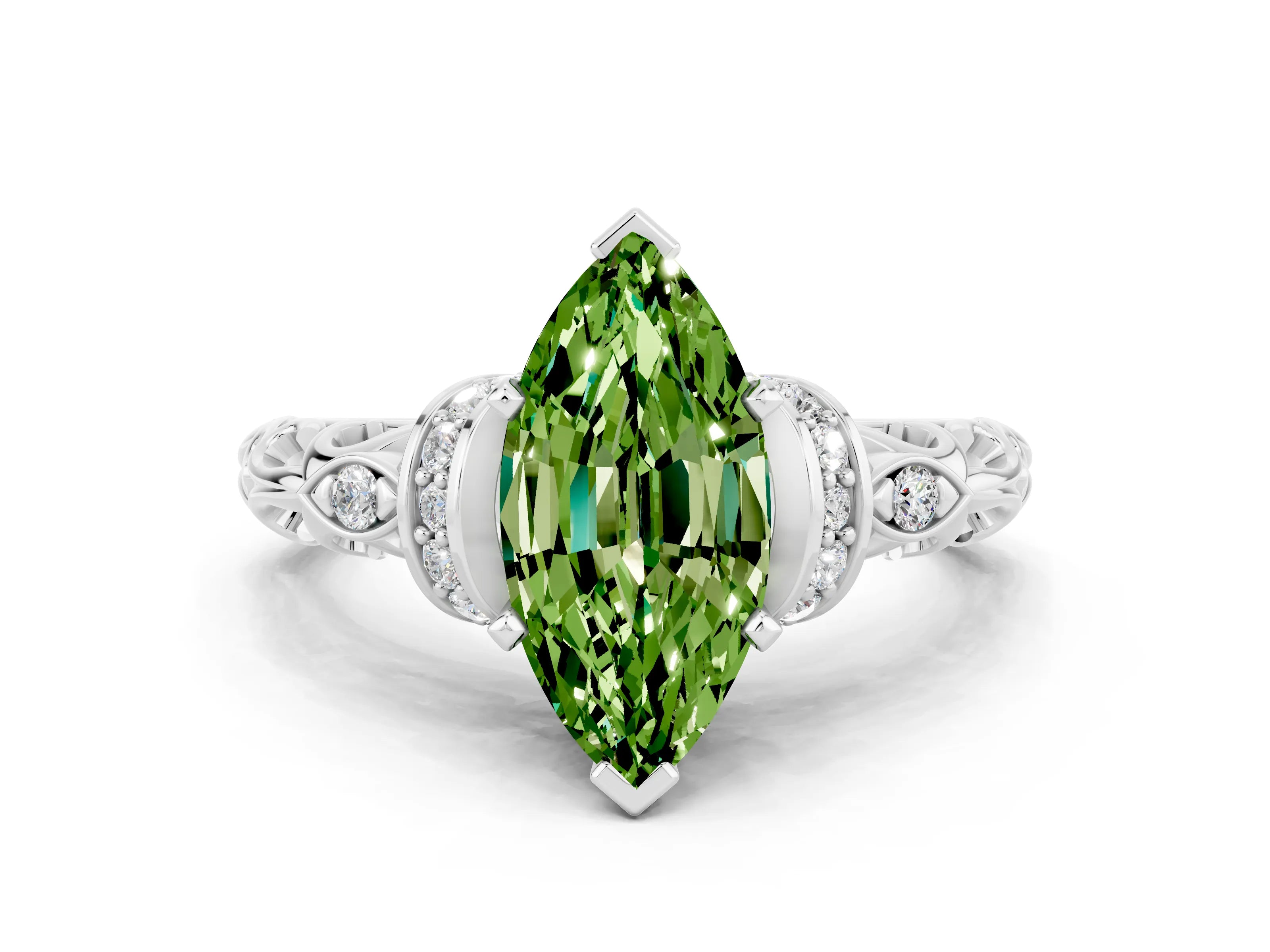 White gold Marquise Cut Peridot Solitaire Ring with Filigree Band and Four-Prong Setting_24