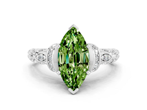 White gold Marquise Cut Peridot Solitaire Ring with Filigree Band and Four-Prong Setting_24