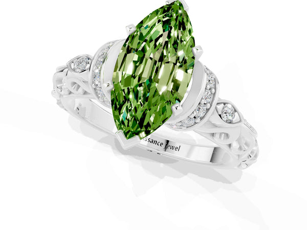 Platinum Marquise Cut Peridot Solitaire Ring with Filigree Band and Four-Prong Setting