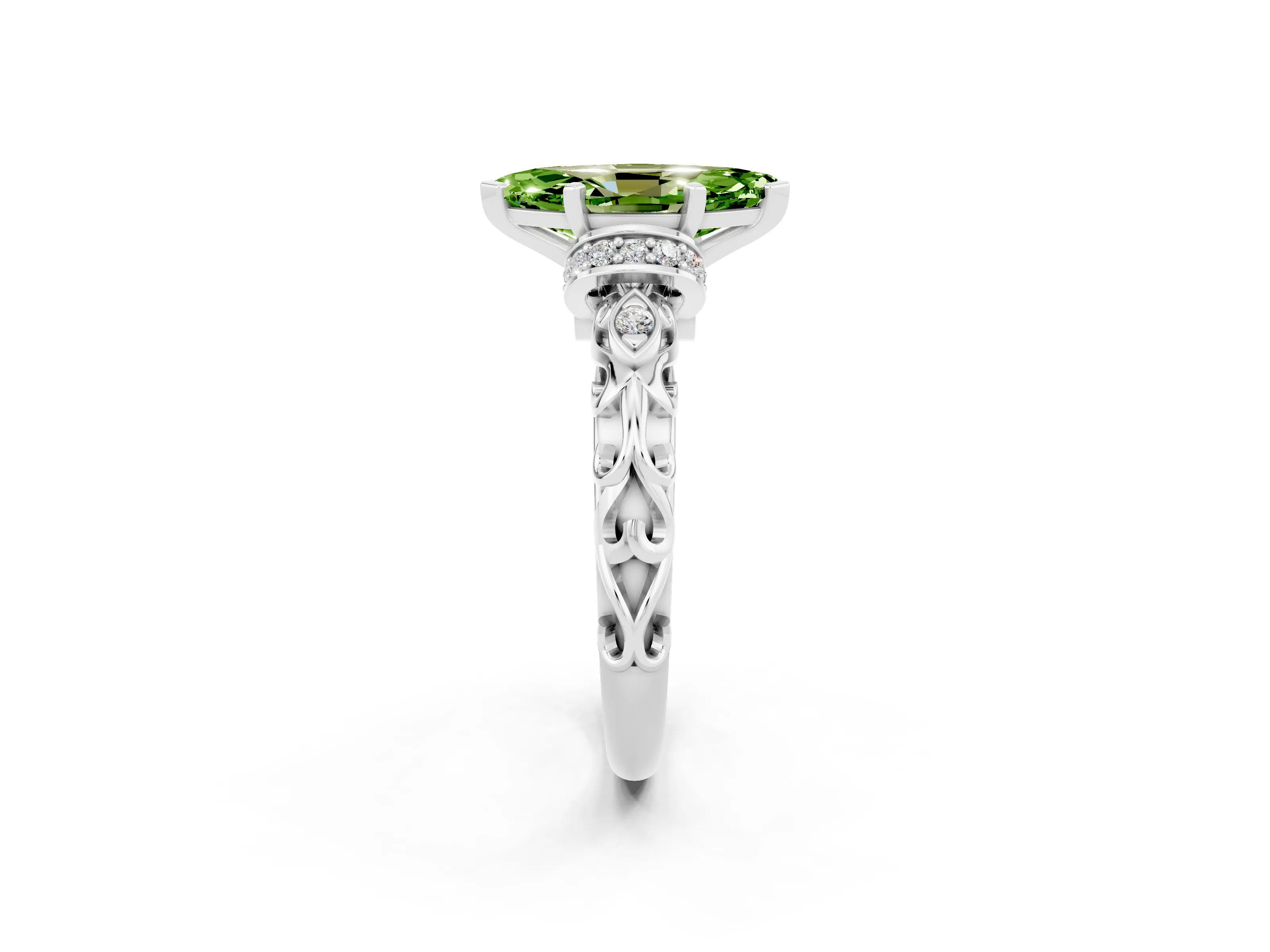 White gold Marquise Cut Peridot Solitaire Ring with Filigree Band and Four-Prong Setting_26