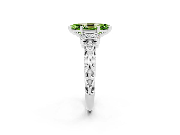 Platinum Marquise Cut Peridot Solitaire Ring with Filigree Band and Four-Prong Setting