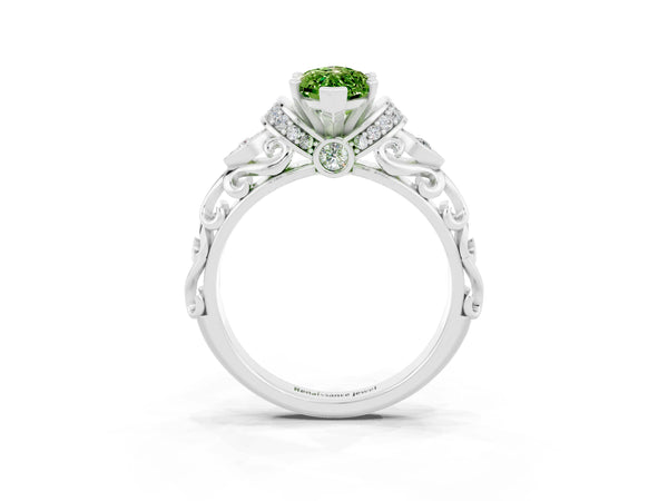 Platinum Marquise Cut Peridot Solitaire Ring with Filigree Band and Four-Prong Setting