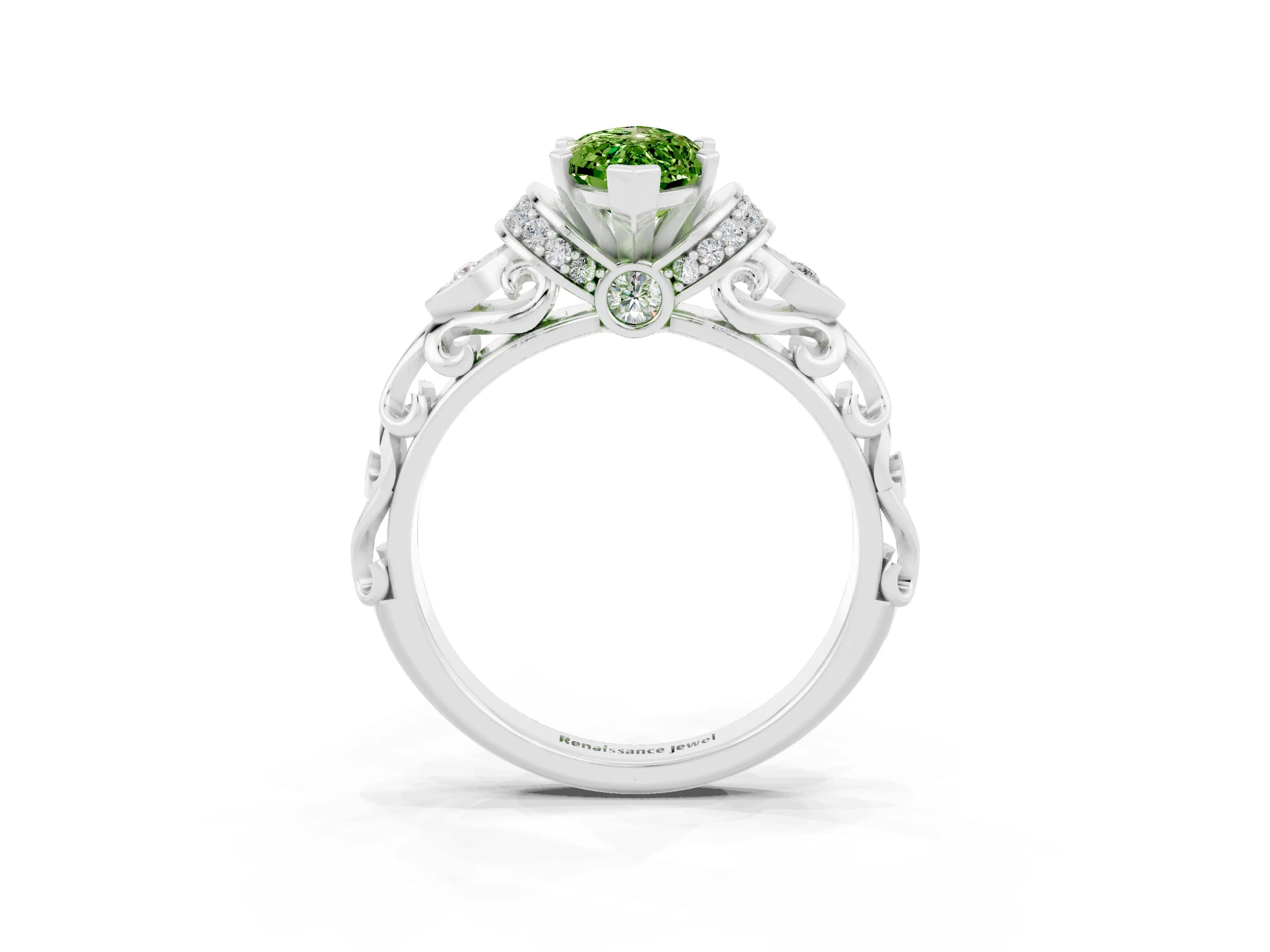 White gold Marquise Cut Peridot Solitaire Ring with Filigree Band and Four-Prong Setting_27