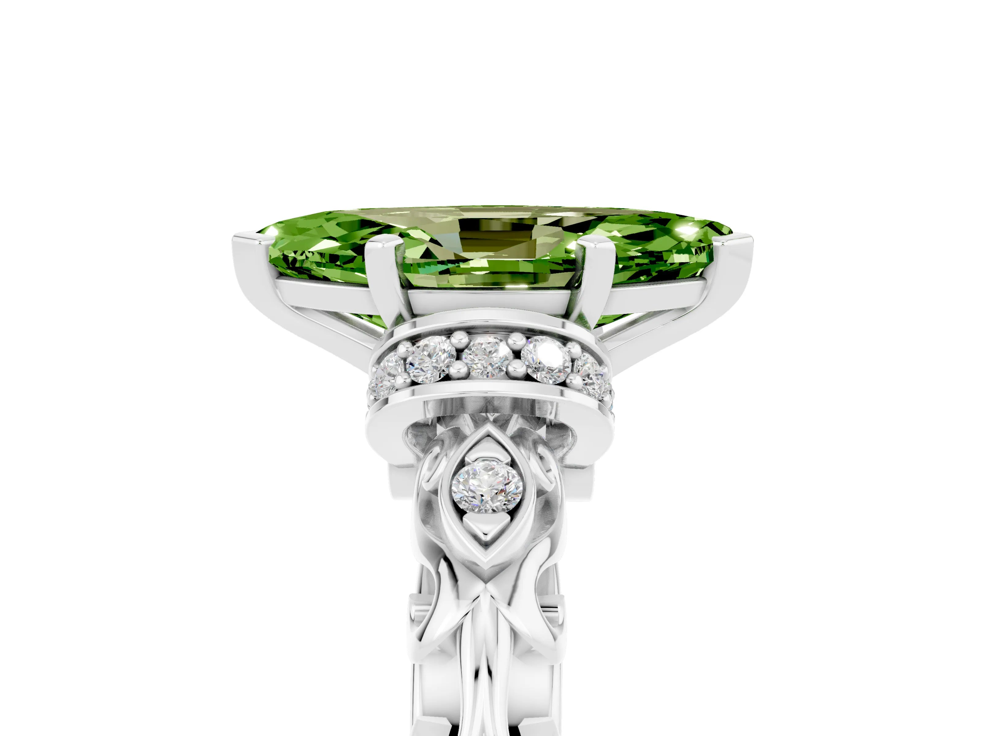 White gold Marquise Cut Peridot Solitaire Ring with Filigree Band and Four-Prong Setting_29