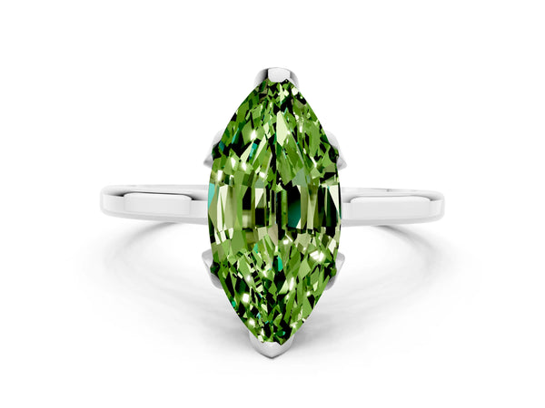 White gold Marquise Cut Peridot Solitaire Ring with Flower Prong Setting and Classic Band