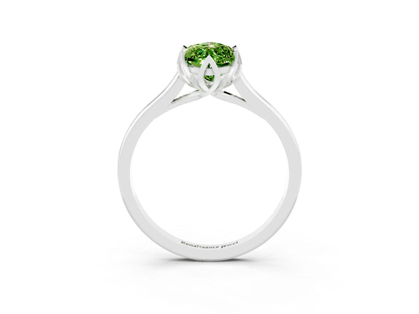 Silver Marquise Cut Peridot Solitaire Ring with Flower Prong Setting and Classic Band