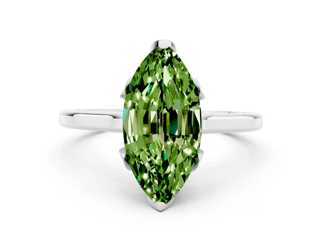 White gold Marquise Cut Peridot Solitaire Ring with Flower Prong Setting and Classic Band_24
