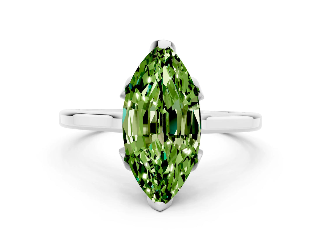 White gold Marquise Cut Peridot Solitaire Ring with Flower Prong Setting and Classic Band_48