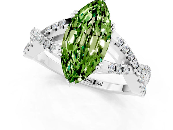 Platinum Marquise Cut Peridot Solitaire Ring with Four-Prong Setting and Twisted Pavé Band