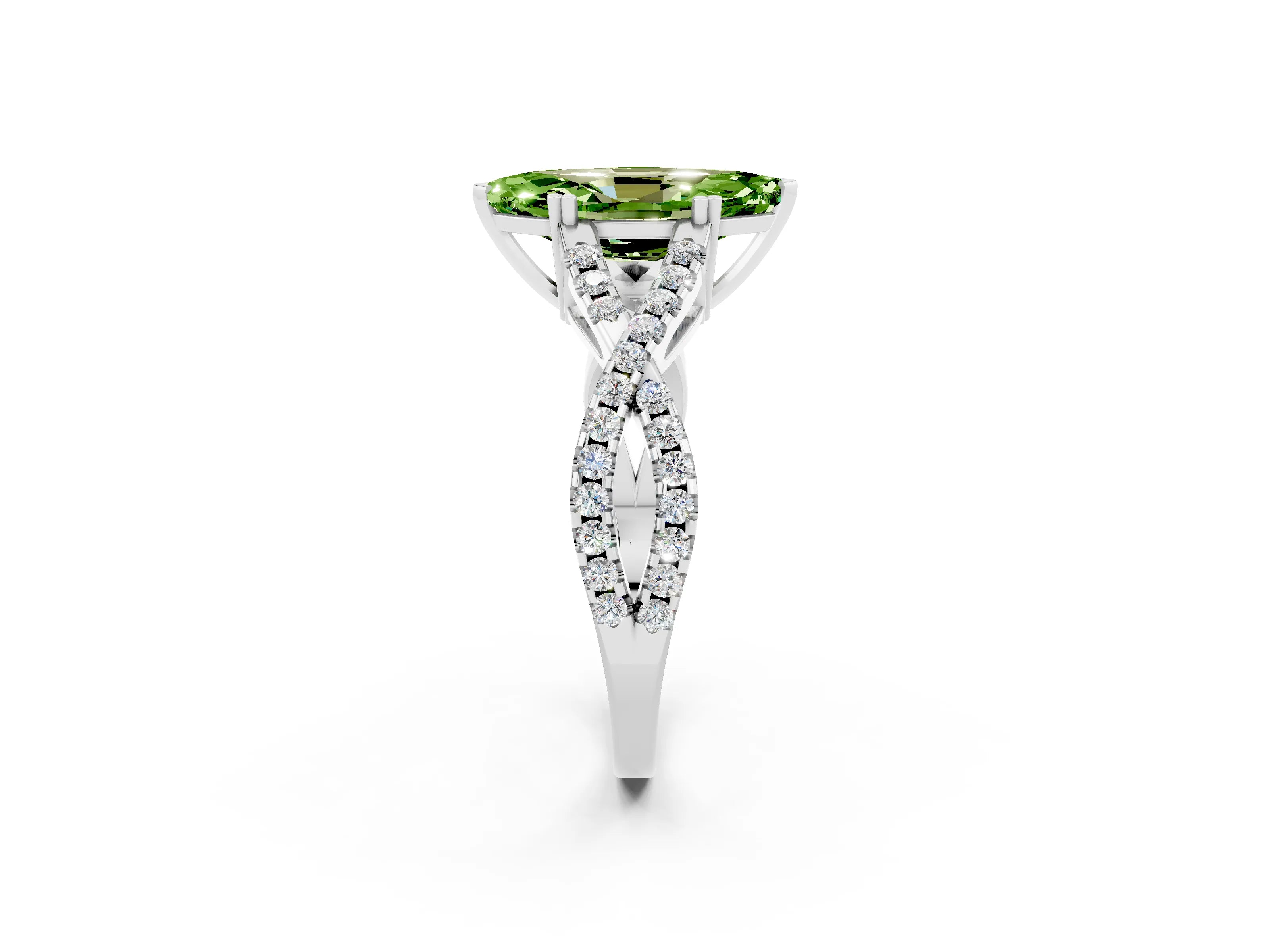White gold Marquise Cut Peridot Solitaire Ring with Four-Prong Setting and Twisted Pavé Band_2